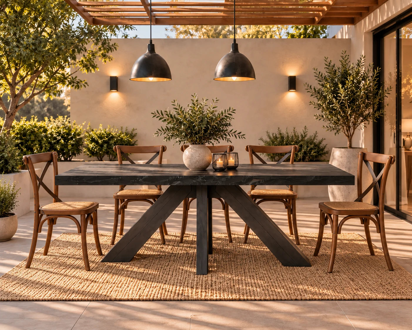 Comedor de terraza Francia carbonizado con 8 sillas Cruzeta café
